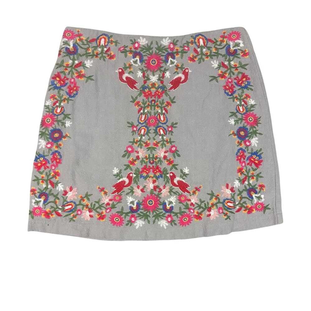 Umgee Embroidered Floral Bird Mini‎ Skirt Womens Small Gray Boho A-Line C1088